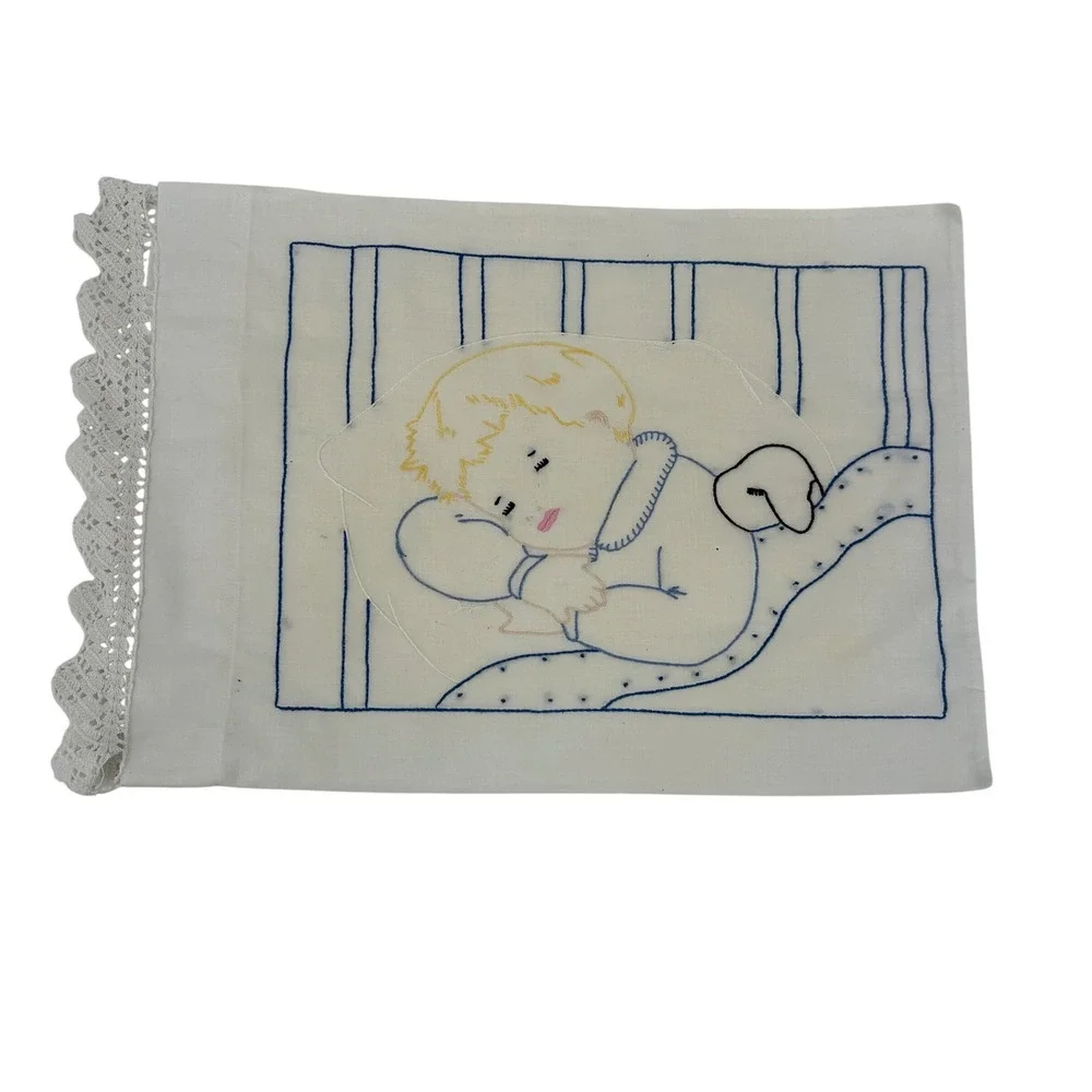 Vtg Hand Embroidered Baby Pillowcase Crochet Lace Trim Sleeping Child 18
